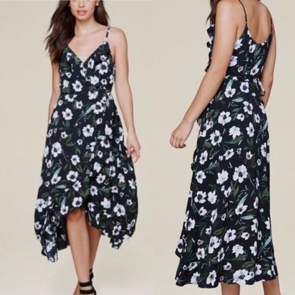 Bebe Floral Print Ruffle Hi-Lo Wrap Dress Cottage Core Feminine Festival Dress - Picture 5 of 12